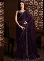 Sattin Chiffon Wine  Stone Work Saree